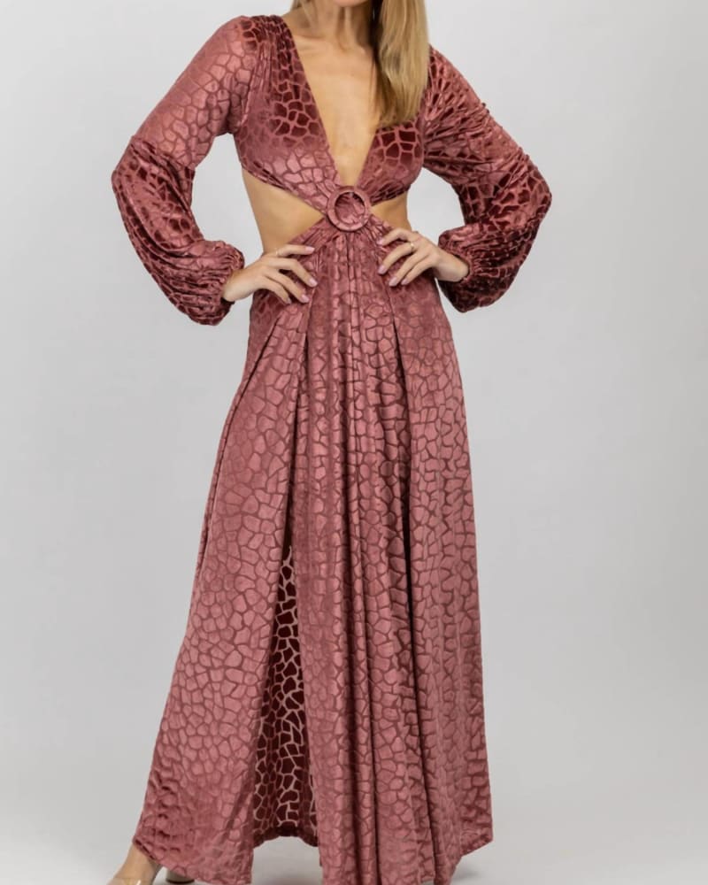 Front of a model wearing a size L Spotted Velvet Maxi Slit Dress In Mauve in Mauve by LUXXEL. | dia_product_style_image_id:354640